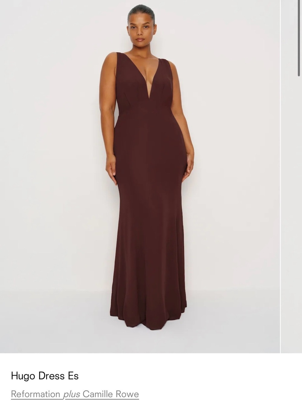 Reformation Hugo Deep V Stretch Maxi Dress in Chocolate